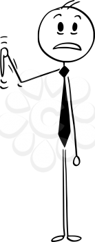 Cartoon stick man drawing conceptual illustration of unhappy, sad or shocked businessman pointing his hand, thumb or finger down.