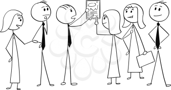 Cartoon stick man drawing conceptual illustration of business team or group of businessmen and businesswomen working together to find problem solution. Concept of teamwork and brainstorming.