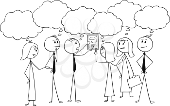 Cartoon stick man drawing conceptual illustration of business team or group of businessmen and businesswomen working together to find problem solution. Concept of teamwork and brainstorming.