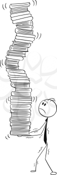 Cartoon stick man drawing conceptual illustration of businessman carry and balance high pile of office files and folders.