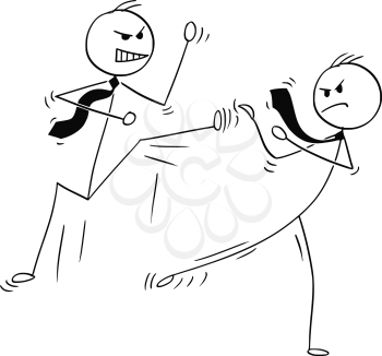 Cartoon stick man drawing conceptual illustration of two businessmen kung fu or karate fighting. Business concept of competition and rivalry.