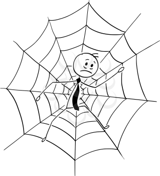 Cartoon stick man drawing conceptual illustration of businessman trapped in spider web. Business concept of competition, risk and fail.