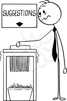Cartoon stick man drawing conceptual illustration of businessman using office paper shredder with suggestion sign above.