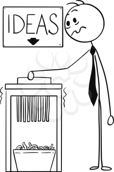 Cartoon stick man drawing conceptual illustration of businessman using office paper shredder with ideas sign above.