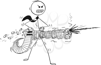 Cartoon stick man drawing conceptual illustration of angry businessman shooting from rotary machine gun cannon. Business concept of stress and anger.