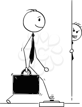 Cartoon stick man drawing conceptual illustration of successful businessman walking and step on land mine on the ground. Business concept of competition and trap.