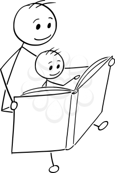 Cartoon stick man drawing conceptual illustration of father or dad reading a book together with son.
