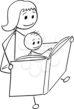 Cartoon stick man drawing conceptual illustration of mother or mom reading a book together with son.