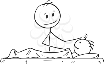 Cartoon stick man drawing conceptual illustration of father or dad looking at sleeping son.