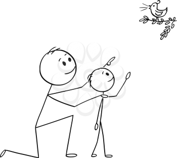 Cartoon stick man drawing conceptual illustration of father and son watching together a wild bird in the nature.