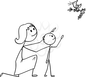 Cartoon stick man drawing conceptual illustration of Mother and son watching together a wild bird in the nature.