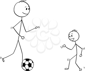 Cartoon stick man drawing conceptual illustration of father or dad playing with son with soccer or football ball.