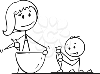Cartoon stick man drawing conceptual illustration of mother or mom and son cooking or baking together in kitchen.