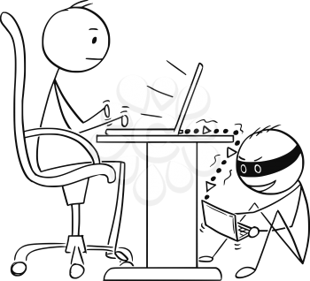 Cartoon stick man drawing conceptual illustration of businessman working on notebook computer while hacker is stealing his data. Business concept of network and Internet security .