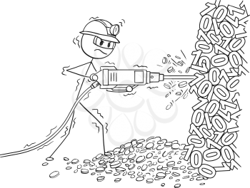 Cartoon stick man drawing conceptual illustration of mining cryptocurrency by pneumatic drill from rock made from binary zero and one numbers.