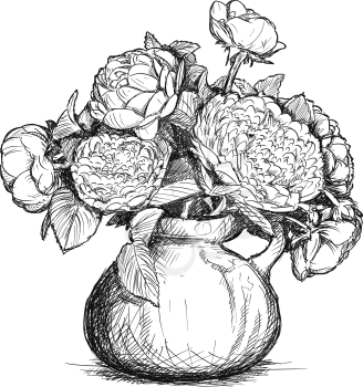 Vector artistic pen and ink hand drawing of rose and peony flower bouquet in vase.