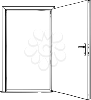 Cartoon stick man drawing conceptual illustration of open modern door. Business concept of decision and challenge.