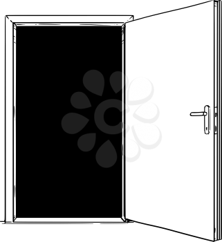 Cartoon stick man drawing conceptual illustration of open modern door with black color inside. Business concept of decision and challenge.
