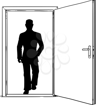 Cartoon stick man drawing conceptual illustration of open modern door and businessman silhouette walking through or incoming. Business concept of decision, risk and challenge.