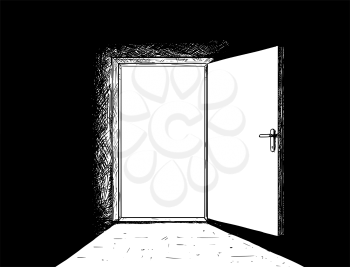 Cartoon stick man drawing conceptual illustration of open simple modern door and bright light coming through. Business concept of decision, future and challenge.