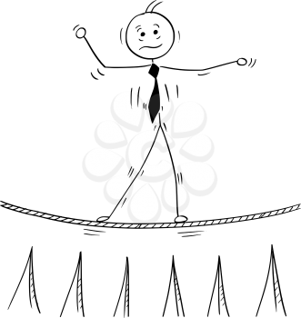 Cartoon stick man drawing conceptual illustration of business man balancing walking on tightrope rope above sharp stakes.