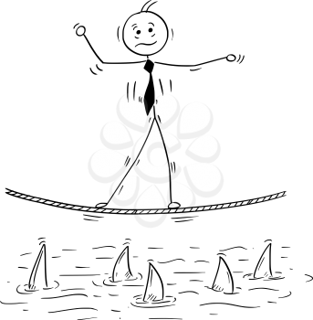 Cartoon stick man drawing conceptual illustration of business man balancing walking on tightrope rope above shark water.