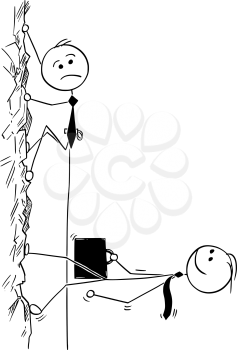 Cartoon stick man drawing conceptual illustration of business man hard climbing mountain and another walking easily up. Concept of Success and hard work.
