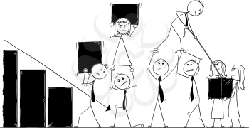 Cartoon stick man drawing conceptual illustration of group of business people working together as team on growth chart to achieve success and profit. Concept of teamwork.