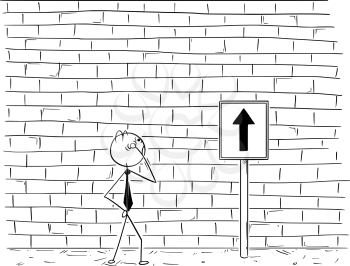 Cartoon stick man drawing conceptual illustration of business man looking at high wall standing as obstacle in his way to success.