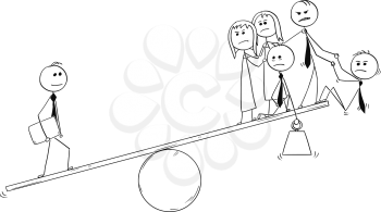 Cartoon stick man drawing conceptual illustration of unique individuality contribution value compared on scale with team of average business people.