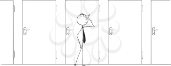 Cartoon stick man drawing conceptual illustration of businessman choosing right from many door options. 