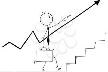 Cartoon stick man drawing conceptual illustration of walking businessman pointing up and front and following the rising growth chart arrow. Concept of the way of success.