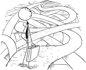 Cartoon stick man drawing conceptual illustration of businessman facing the challenges and difficulties of business financial crisis standing on the chaos of roads and ways.