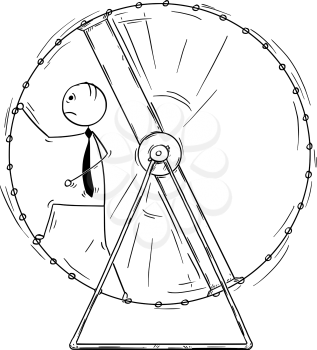 Cartoon stick man drawing conceptual illustration of exhausted businessman in squirrel wheel doing ineffective routine job. 