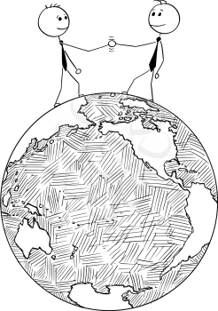 Cartoon stick man drawing conceptual illustration of two international businessmen shaking hands while standing on the Earth world globe. Concept of US or America and Russia or Asia cooperation.
