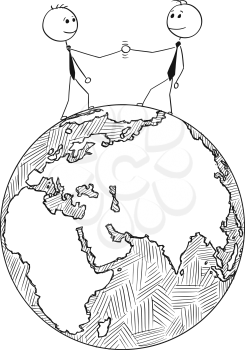 Cartoon stick man drawing conceptual illustration of two international businessmen shaking hands while standing on the Earth world globe. Concept of Europe or EU and Russia or Asia cooperation.