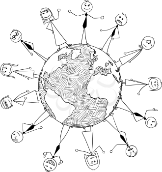 Cartoon stick man drawing conceptual illustration of international cooperation of business people standing around the planet Earth world globe.
