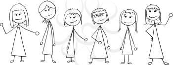 Cartoon stick man drawing illustration of crowd of six business people, women, businesswomen standing and posing.