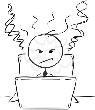 Cartoon stick man drawing illustration of businessman or student tired and angry working on computer laptop notebook.