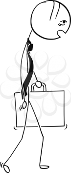 Cartoon stick man drawing illustration of tired and overworked businessman  holding briefcase walking home from the work job.