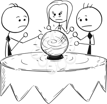 Cartoon stick man concept drawing illustration of business people predict fortune telling market future from the crystal ball.
