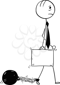 Cartoon stick man concept drawing illustration of businessman with iron ball and chain attached  to leg.