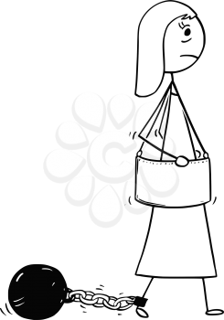 Cartoon stick man concept drawing illustration of businesswoman with iron ball and chain attached  to leg.