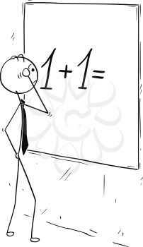 Cartoon stick man concept drawing illustration of businessman looking and calculating on wall board.