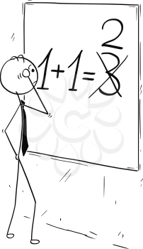 Cartoon stick man concept drawing illustration of businessman looking and calculating on wall board.Concept of business mistake.