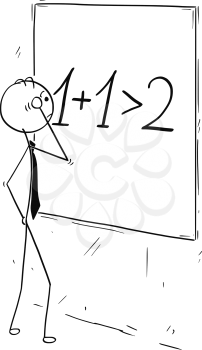 Cartoon stick man concept drawing illustration of businessman looking and calculating on wall board.Concept of business synergy.