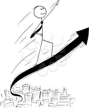 Cartoon stick man drawing conceptual illustration of businessman ride high on the rising arrow graph. Concept of business, financial or investment success.
