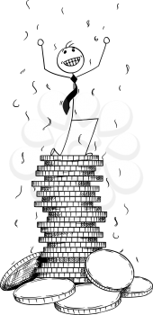 Cartoon stick man drawing conceptual illustration of businessman enjoying or celebrating on pile or stack of coins. Concept of business success.
