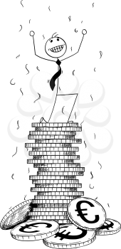 Cartoon stick man drawing conceptual illustration of businessman enjoying or celebrating on pile or stack of Euro coins. Concept of business success.