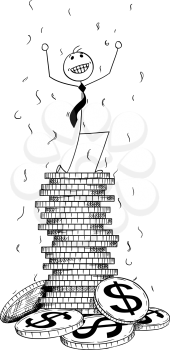 Cartoon stick man drawing conceptual illustration of businessman enjoying or celebrating on pile or stack of Dollar coins. Concept of business success.